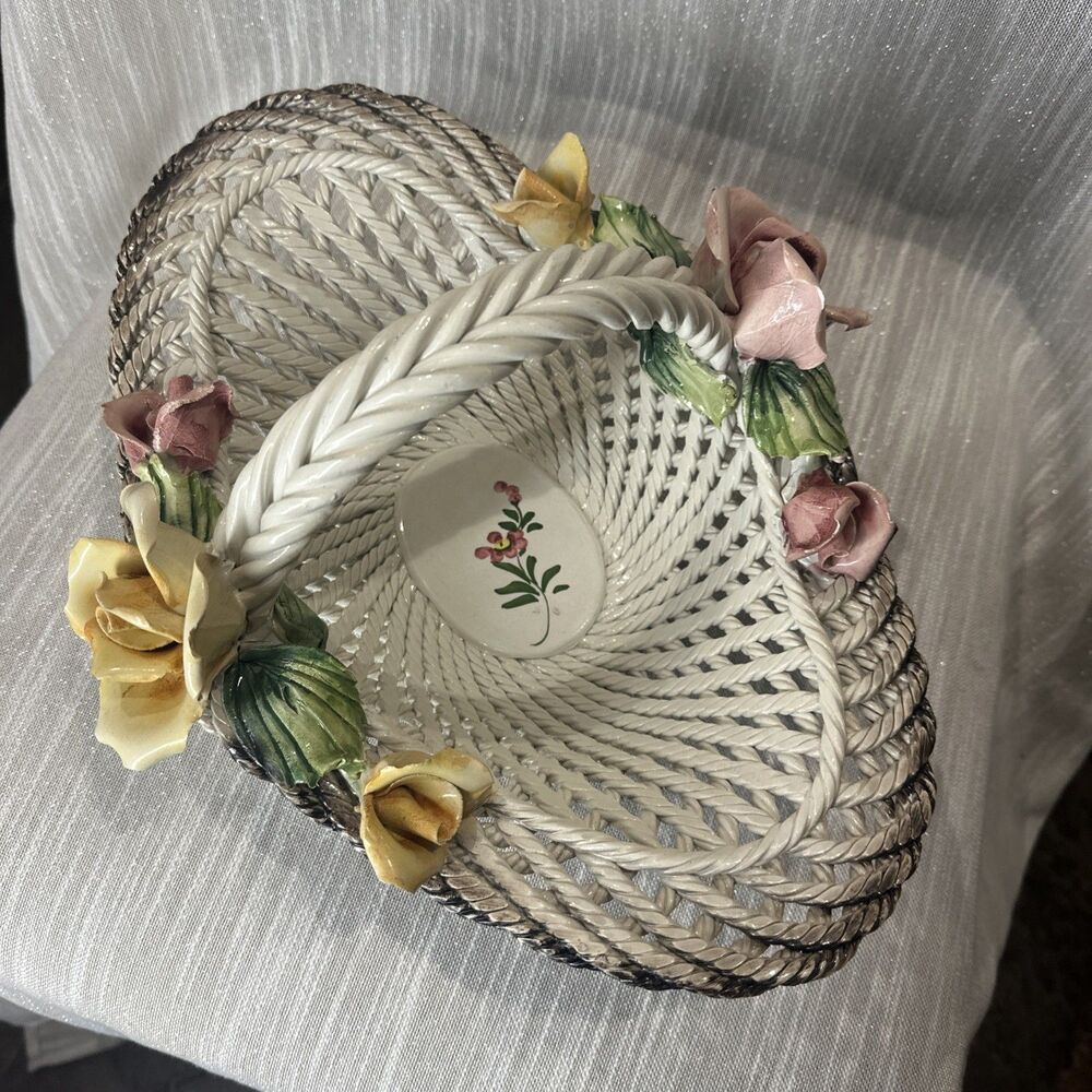 Vintage Capodimonte Large  Porcelain Floral Basket Classic